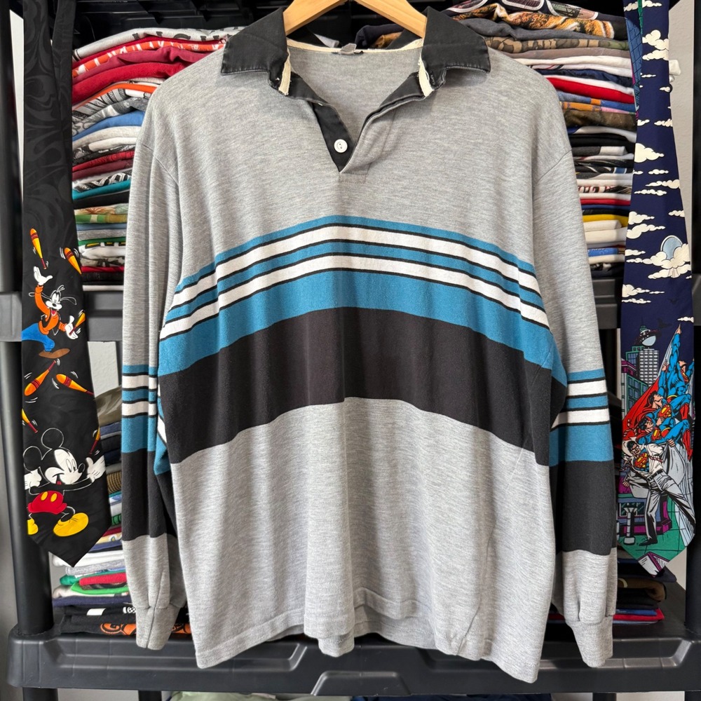 Vintage Grey Striped Long Sleeve Rugby Polo Shirt Large Light Marks